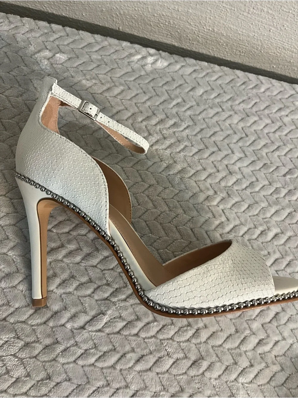 BCBGeneration White Textured Open-Toe Ankle-Strap Heels with Studded Trim
